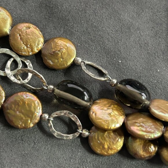 Silpada 3-Strand Bronze Coin Pearl Smokey Quartz Sterling Silver Bracelet B1850 - Picture 2 of 4